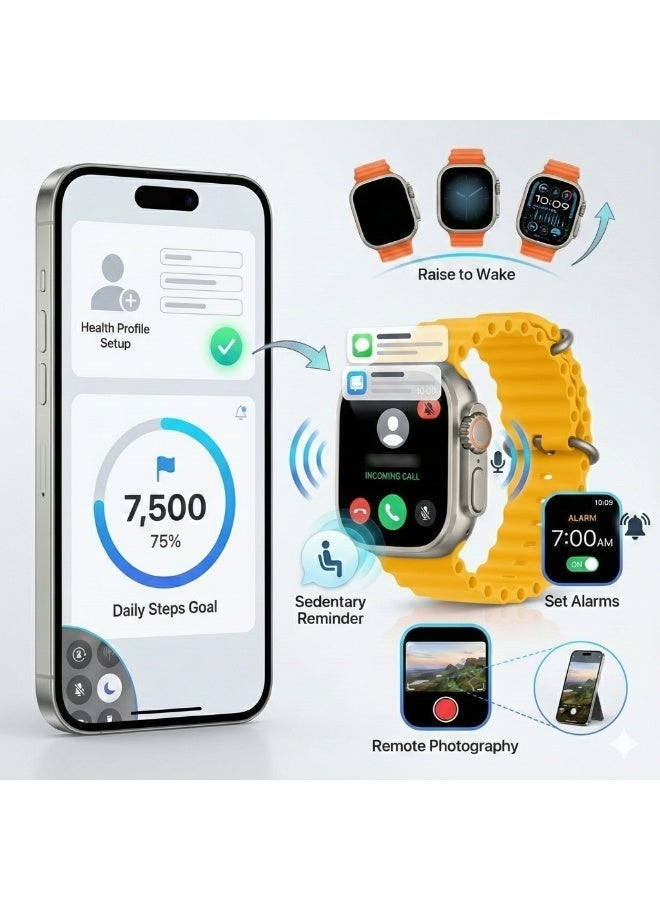 AREX T900 Ultra 2 Smartwatch 2.20 inch Display with 3-5 Day Battery Life & Bluetooth Calls - Rugged Fitness Tracker with Heart Rate, SpO2 & Sleep Monitoring, Multi-Sport Modes, Message Notifications - Series 9 Style Fitness Watch 49mm Titanium Alloy Case with Yellow Silicone Ocean Band - Image 5